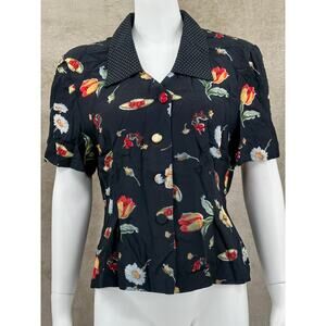 Vintage Lois Snyder Dani Max Top Womens 12 Black Button Up Tropical Floral Retro
